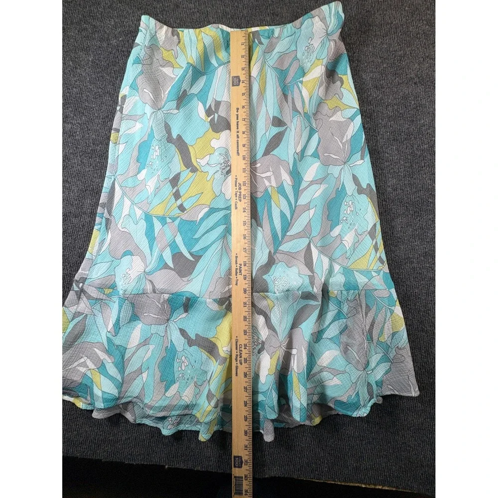 Alfred Dunner Petite Floral Midi Skirt Turquoise Green Flounce Hem 14P 2610